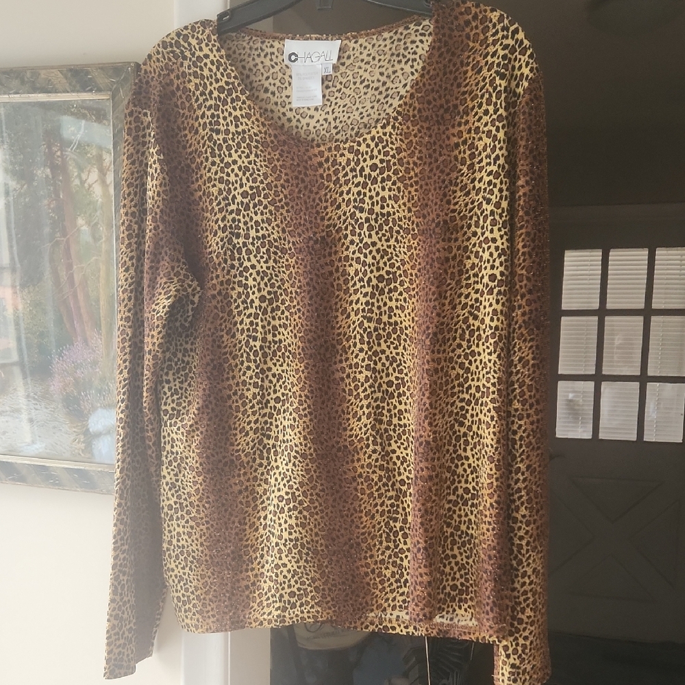 Sparkly Stretchy  Leopard Print Long Sleeve Top - Gold/Brown/Black